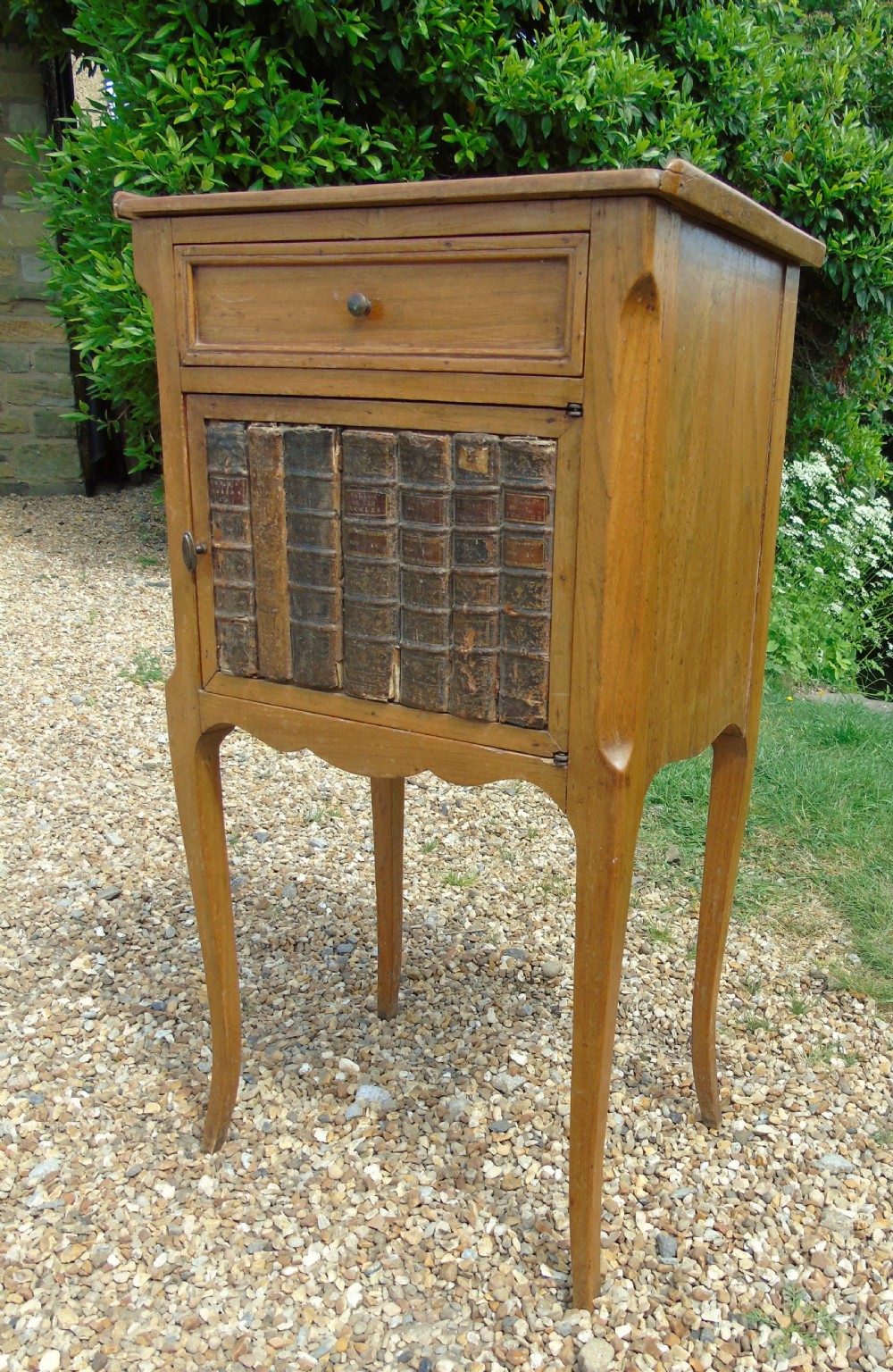 Antique French Fruitwood Bedside Cabinet Leather Book Fronts View VI