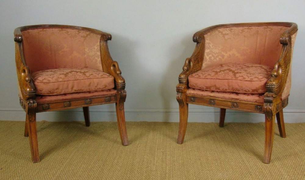 Fine Pair Empire Style Mahogany Armchairs With Carved Swan Arms