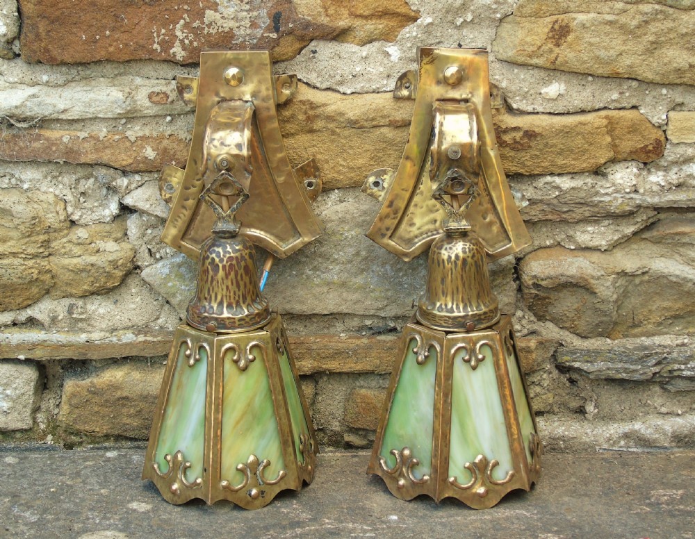 Antique Pair Mission Wall Lights Slag Glass Arts & Crafts View II
