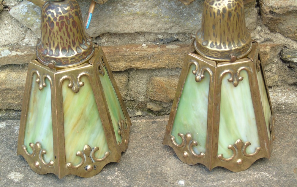 Antique Pair Mission Wall Lights Slag Glass Arts & Crafts View III