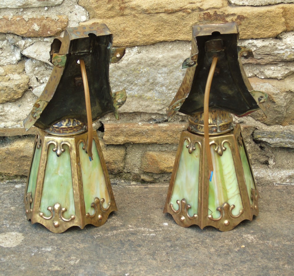 Antique Pair Mission Wall Lights Slag Glass Arts & Crafts View IV