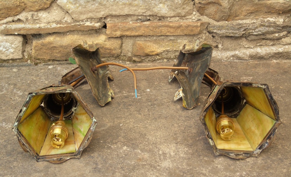 Antique Pair Mission Wall Lights Slag Glass Arts & Crafts View VII