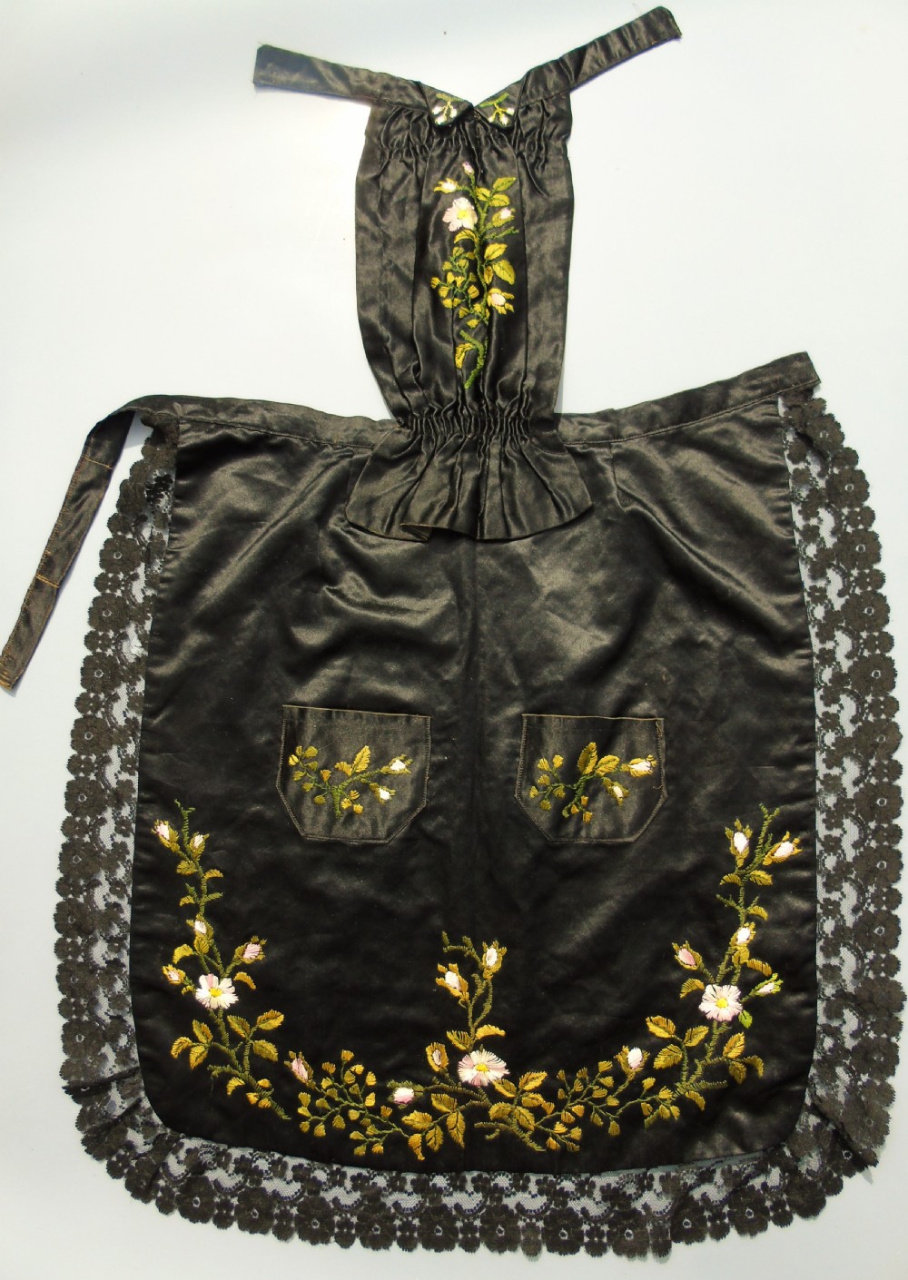 Victorian Hand Embroidered Silk Apron Maids ‘Pinney’ View II