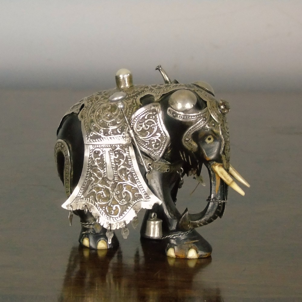 Antique Indian Hardwood Elephant Silver Caparison View V