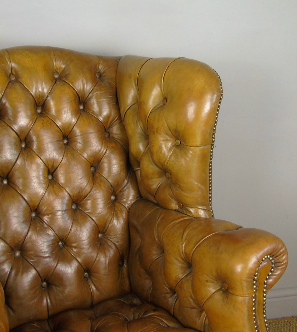 Superb Antique Buttoned Leather Wing Armchair View XI
