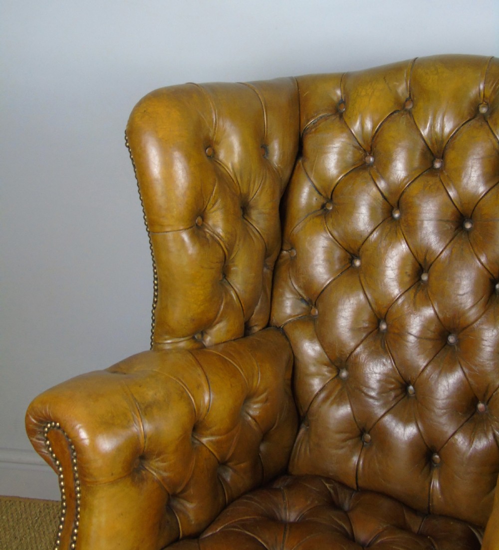 Superb Antique Buttoned Leather Wing Armchair View II