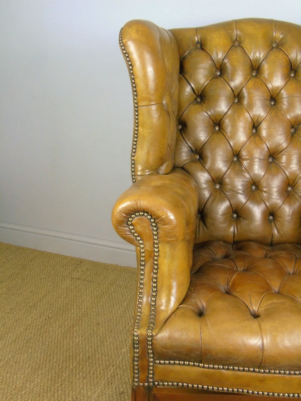 Superb Antique Buttoned Leather Wing Armchair View IV
