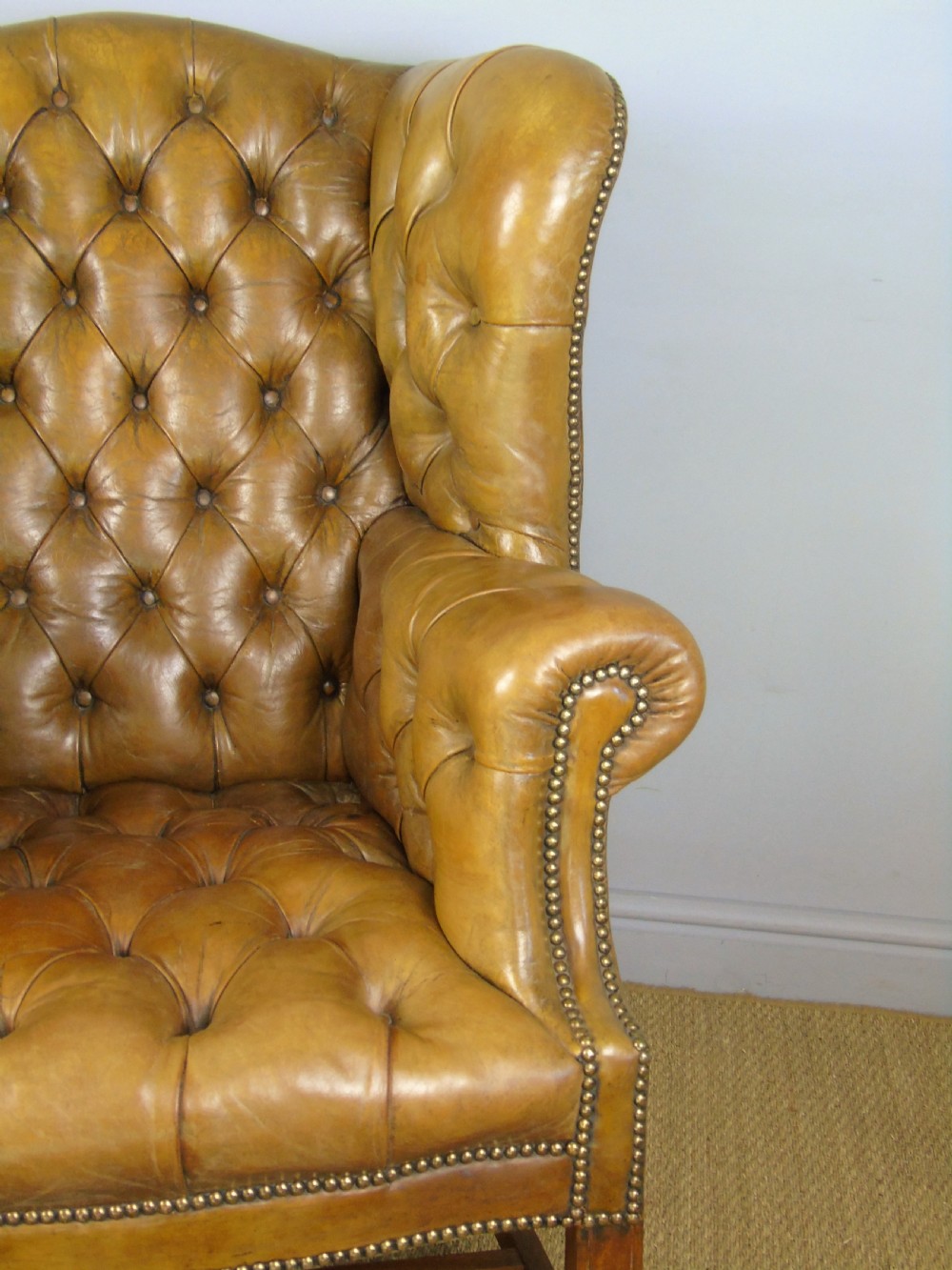 Superb Antique Buttoned Leather Wing Armchair View V