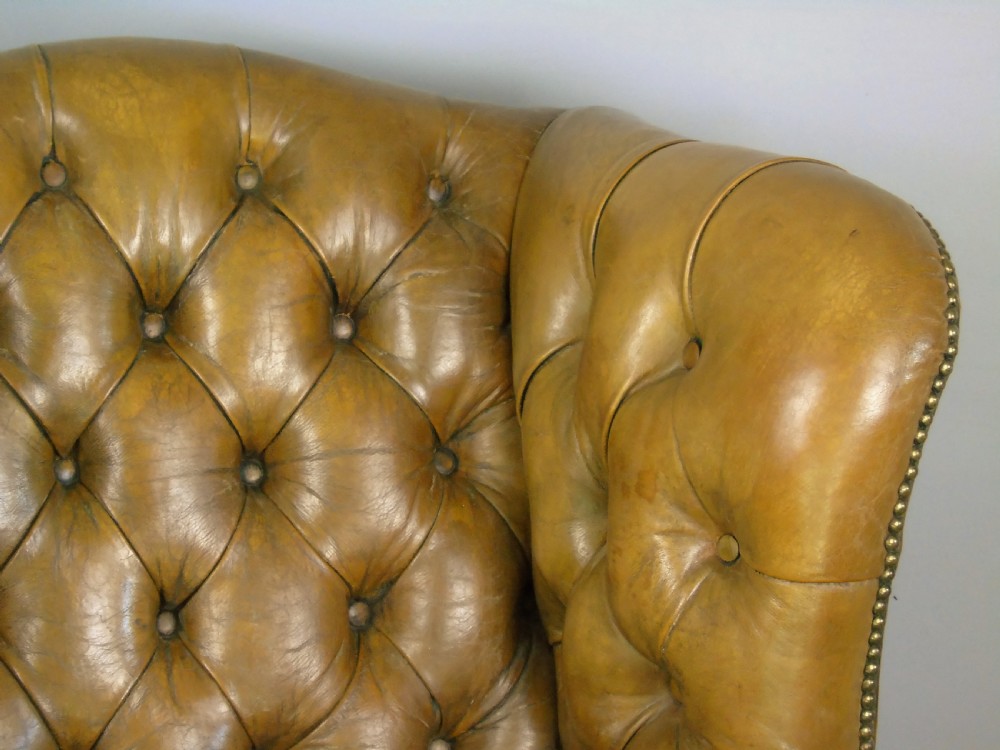 Superb Antique Buttoned Leather Wing Armchair View VI