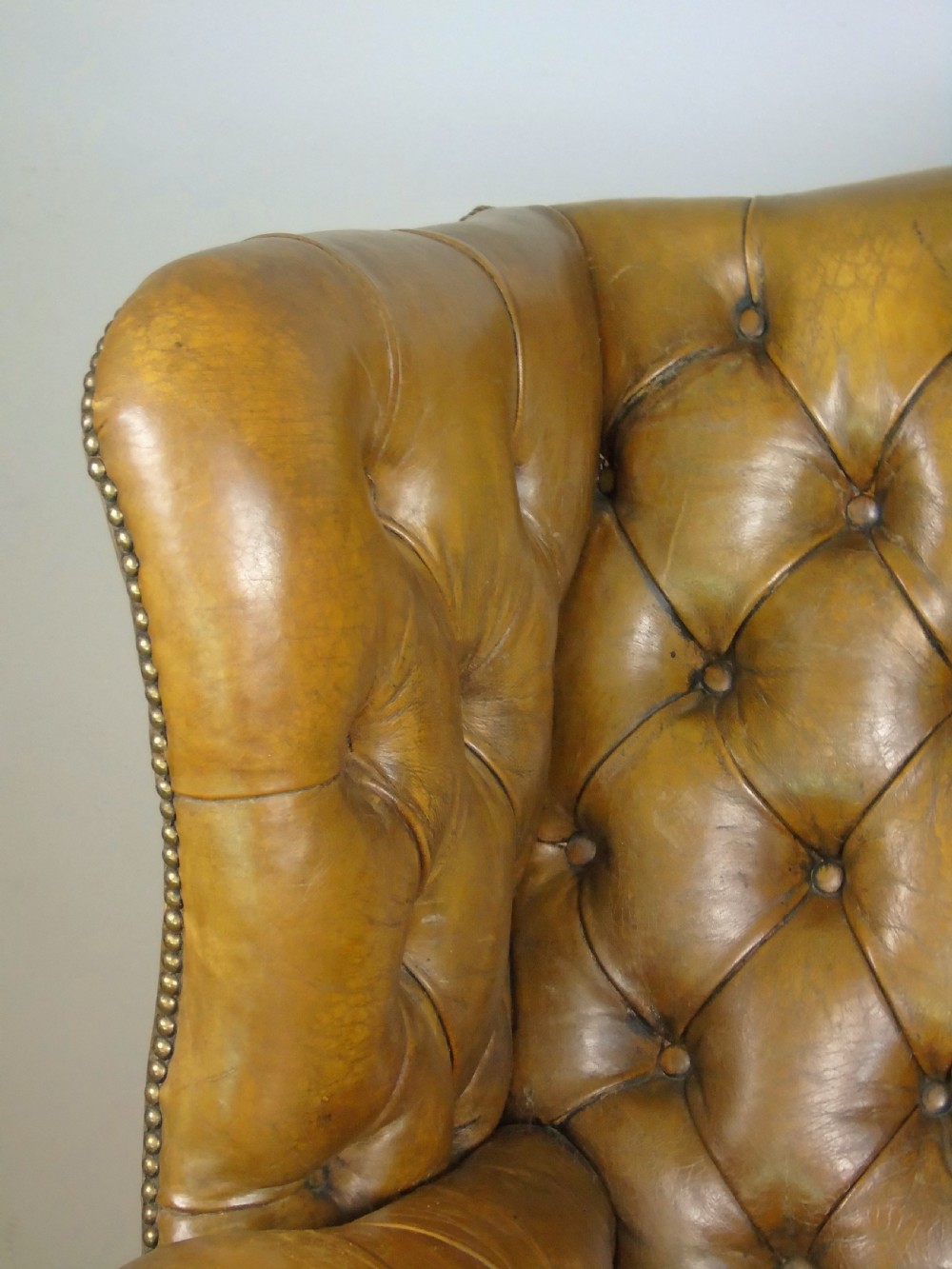 Superb Antique Buttoned Leather Wing Armchair View VII