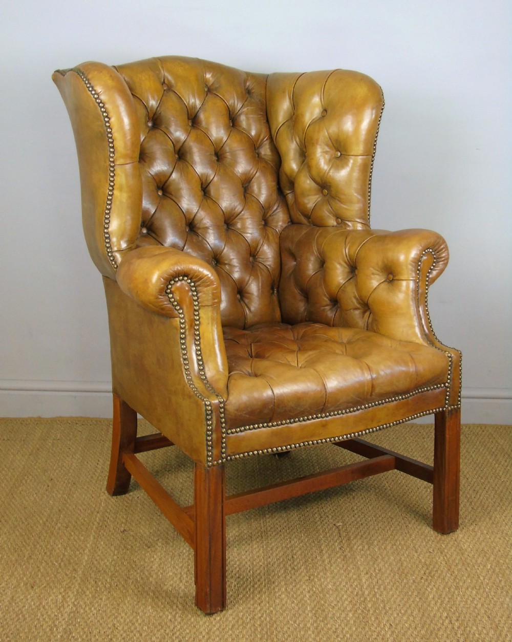Superb Antique Buttoned Leather Wing Armchair View VIII