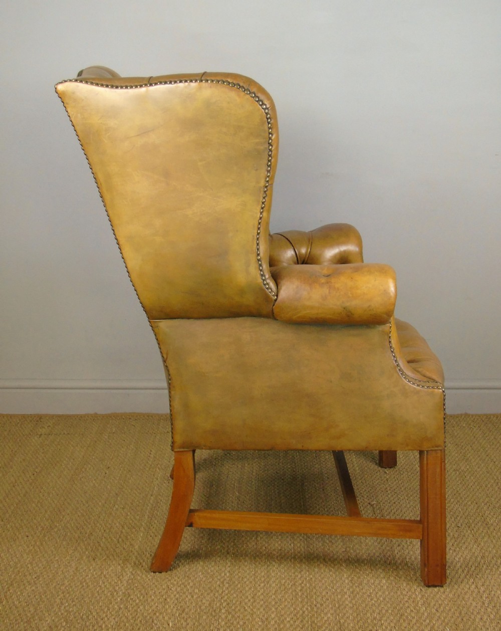 Superb Antique Buttoned Leather Wing Armchair View IX