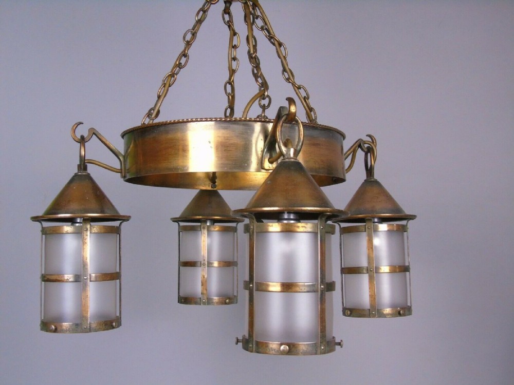 Arts & Crafts Copper Chandelier of Hanging Lantern Design