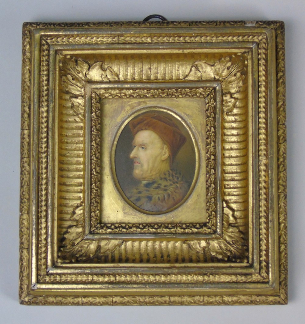 Good Antique Miniature Oil Painting Medieval Portrait