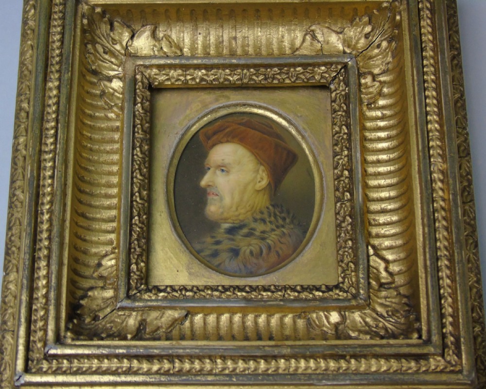 Good Antique Miniature Oil Painting Medieval Portrait View II