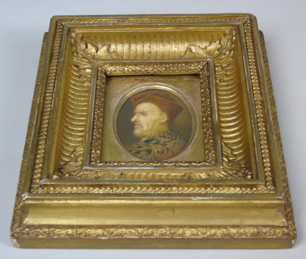 Good Antique Miniature Oil Painting Medieval Portrait View III