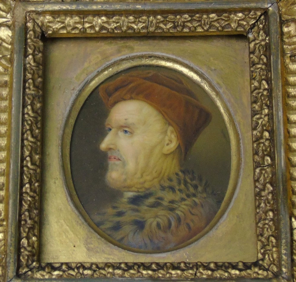 Good Antique Miniature Oil Painting Medieval Portrait View V