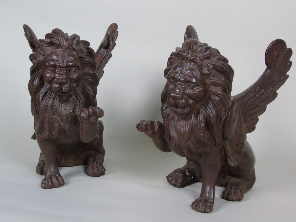 Antique Pair Cast Iron Winged Lions