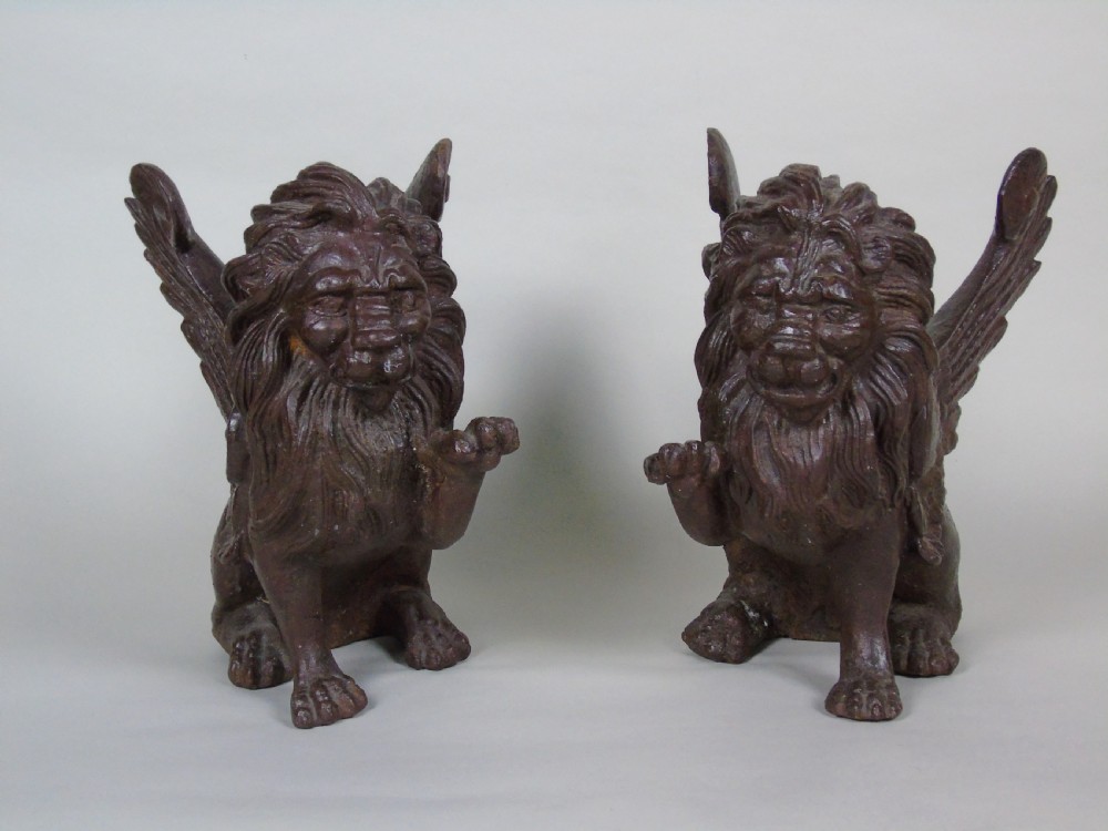 Antique Pair Cast Iron Winged Lions View II