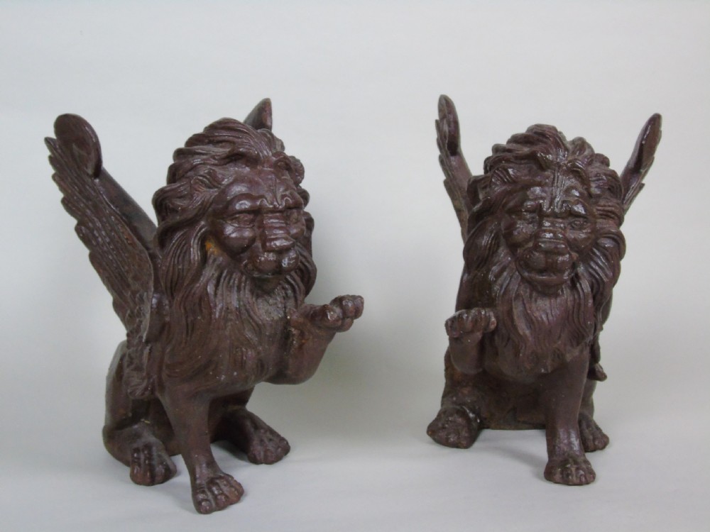 Antique Pair Cast Iron Winged Lions View III