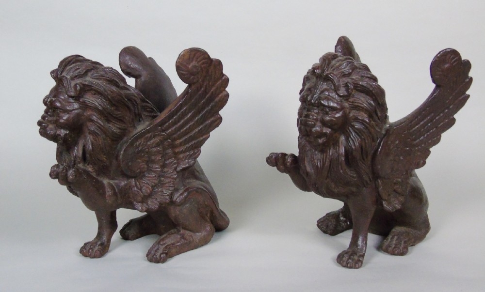 Antique Pair Cast Iron Winged Lions View IV