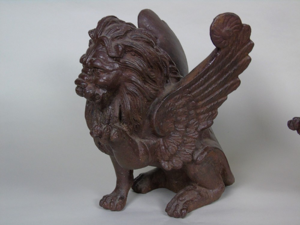 Antique Pair Cast Iron Winged Lions View V