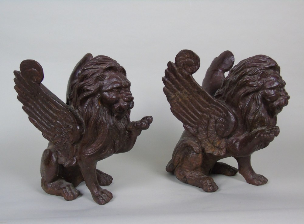 Antique Pair Cast Iron Winged Lions View VIII
