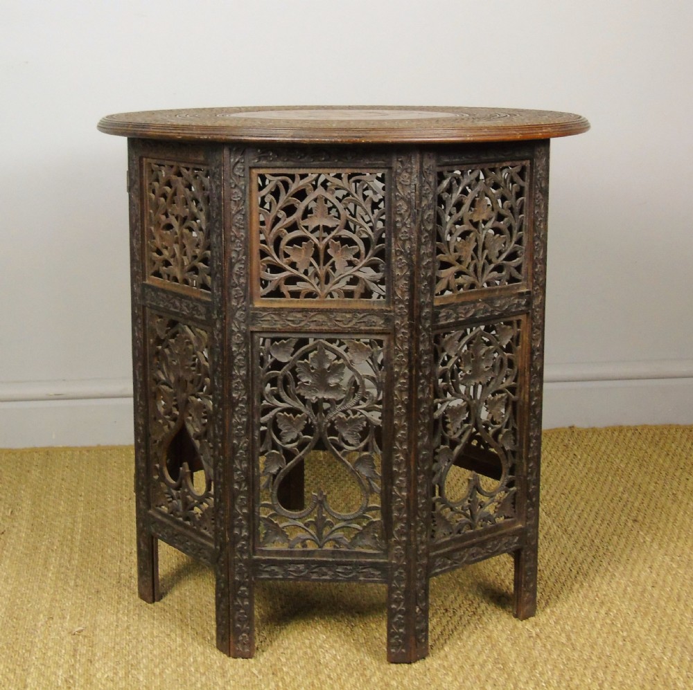 Antique Carved Hardwood Moorish Table Brass Inlay View VIII