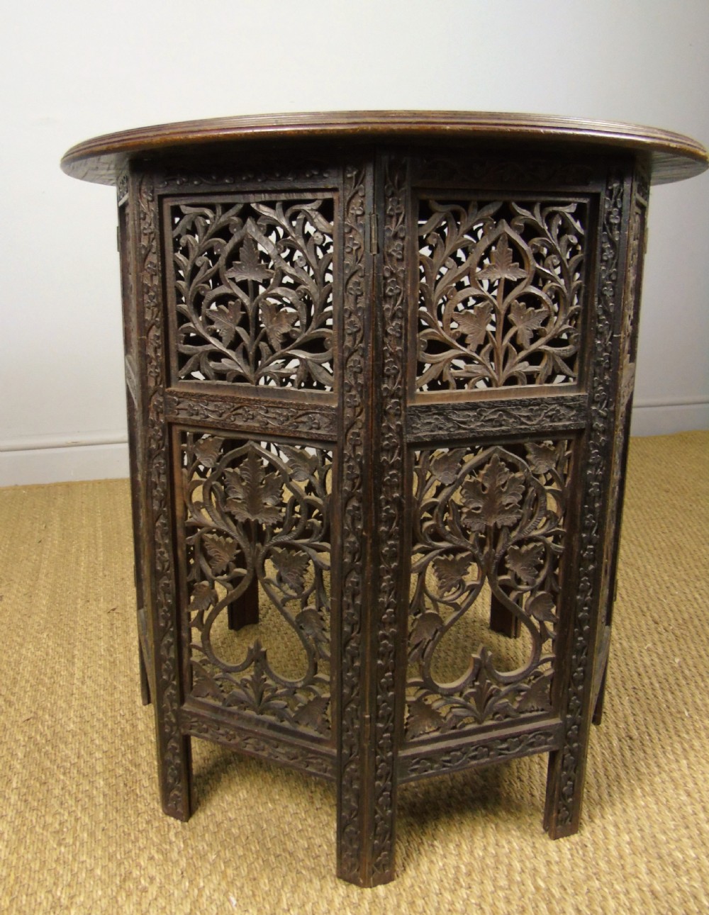Antique Carved Hardwood Moorish Table Brass Inlay View II