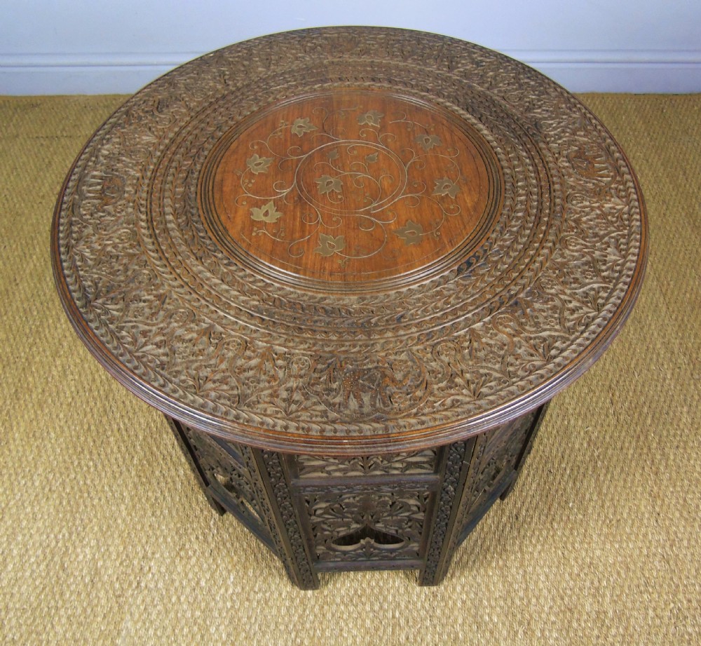 Antique Carved Hardwood Moorish Table Brass Inlay View III
