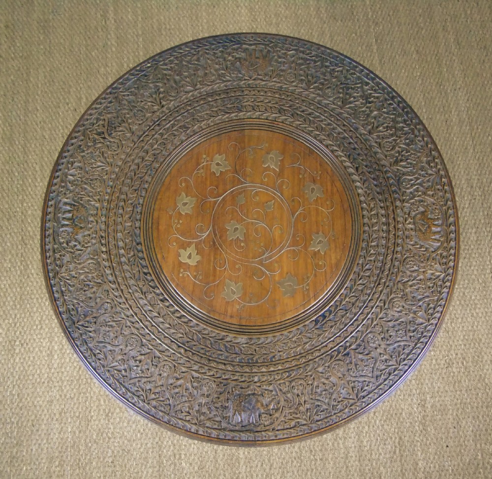 Antique Carved Hardwood Moorish Table Brass Inlay View IV