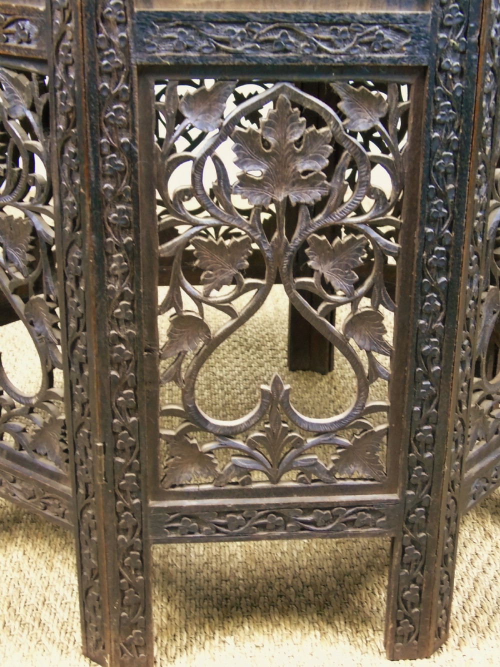 Antique Carved Hardwood Moorish Table Brass Inlay View V