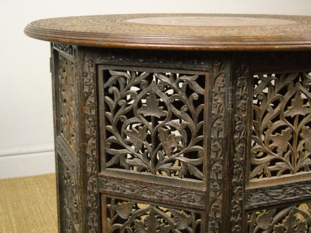 Antique Carved Hardwood Moorish Table Brass Inlay View VI