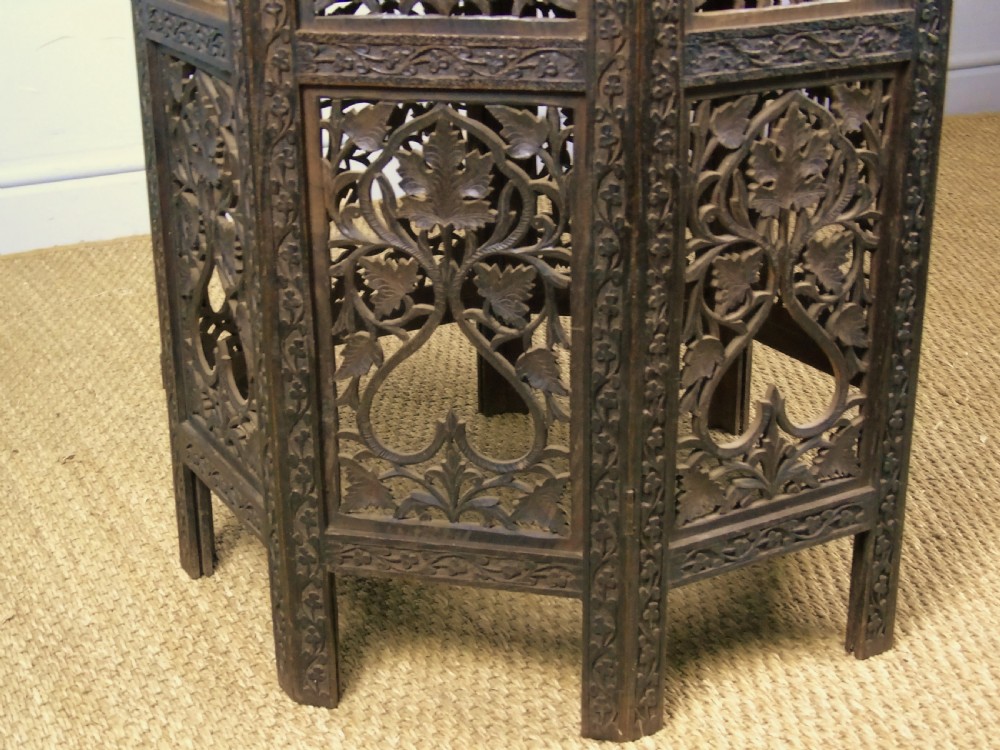 Antique Carved Hardwood Moorish Table Brass Inlay View VII