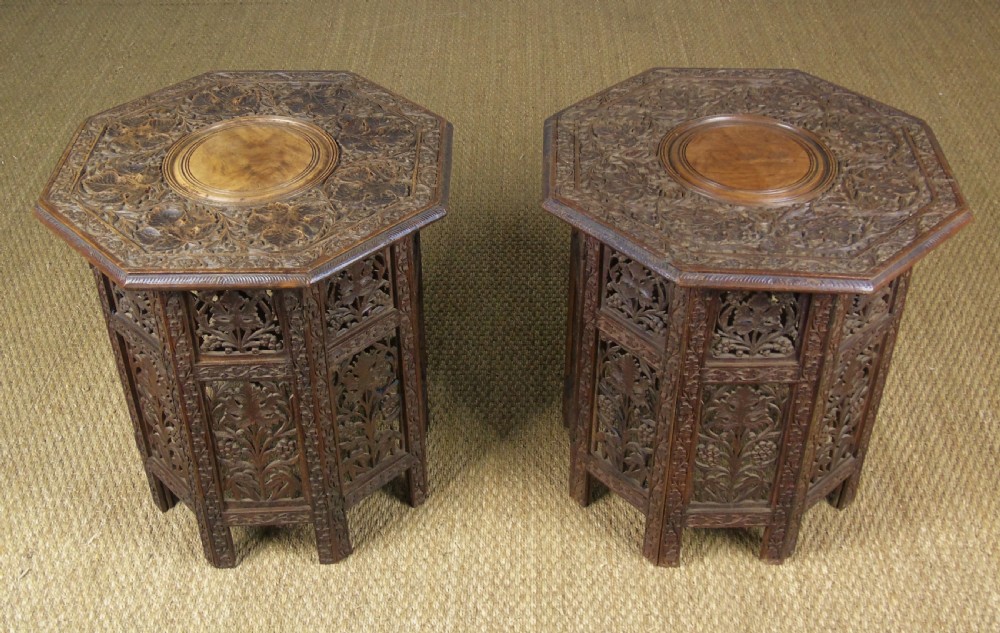 Antique Pair Carved Hardwood Islamic Tables Moorish Liberty View V