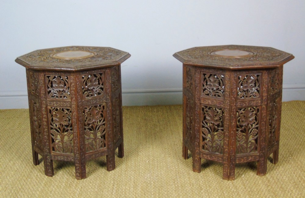 Antique Pair Carved Hardwood Islamic Tables Moorish Liberty View II