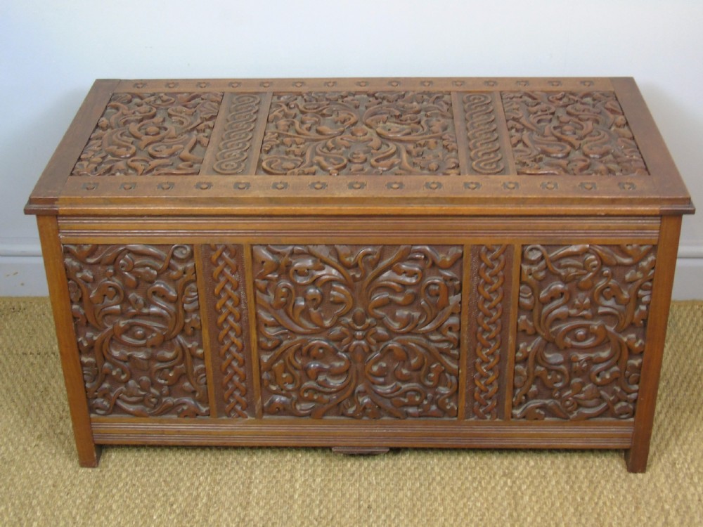 Attractive Arts & Crafts Period Carved Wood Chest View II