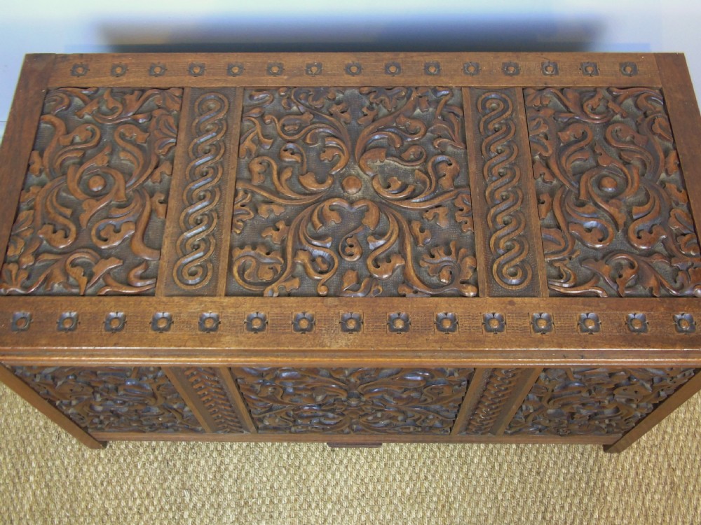 Attractive Arts & Crafts Period Carved Wood Chest View VI