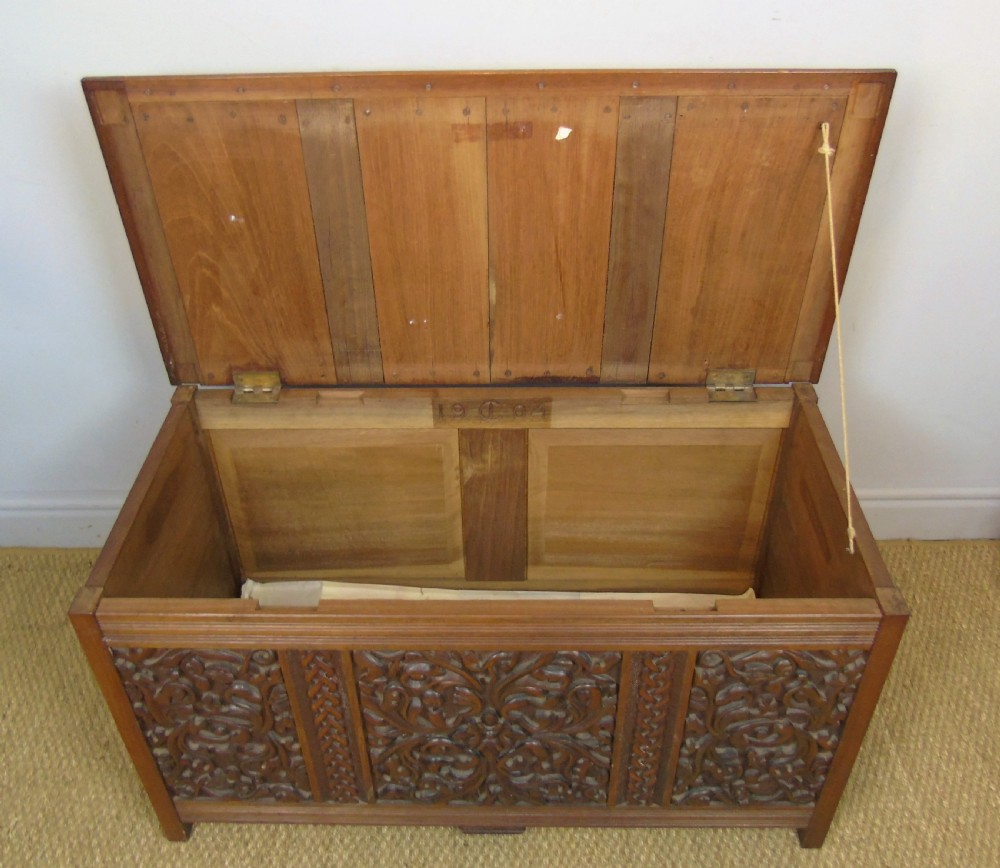 Attractive Arts & Crafts Period Carved Wood Chest View VII