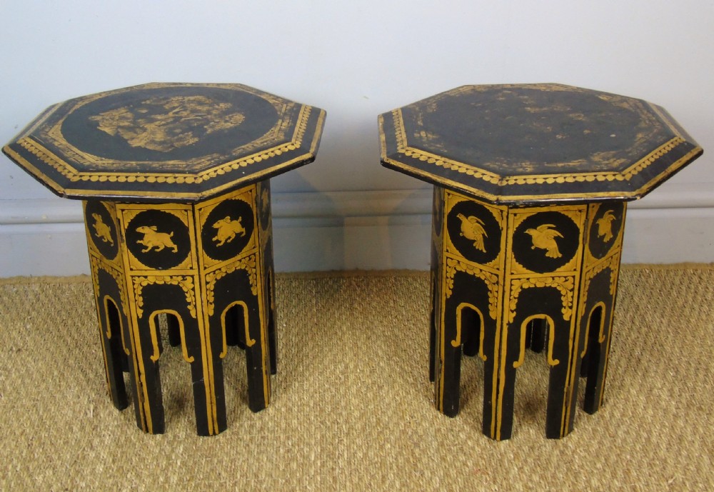 Petite Pair of Antique Gilt and Black Lacquer Syrian Tables View VI