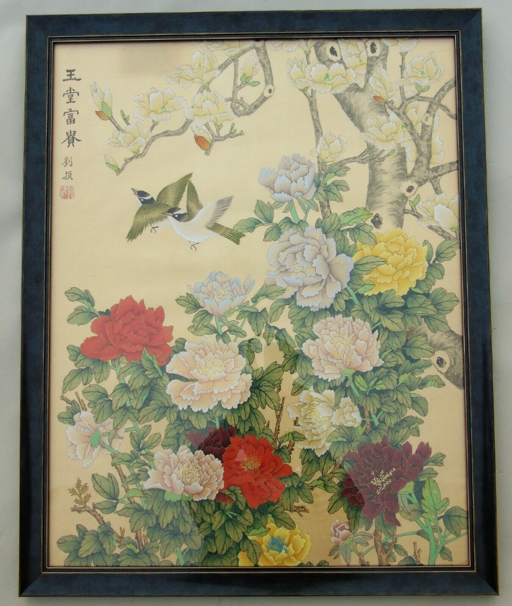 Large Antique Chinese Painting on Silk Chrysanthemums and Birds
