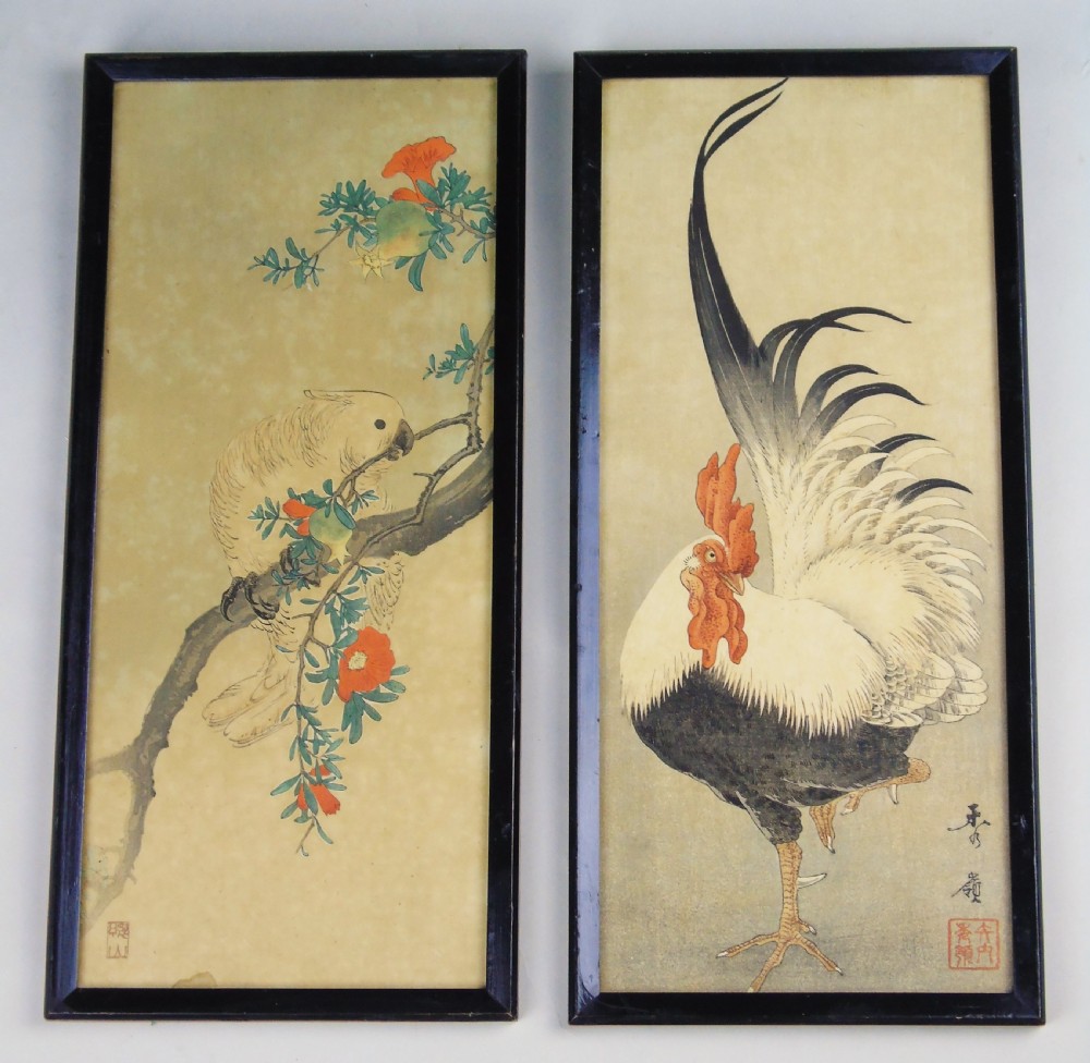 Pair Antique Chinese Signed Woodblock of Cockerel & Cockatoo Nakagawa Shurei