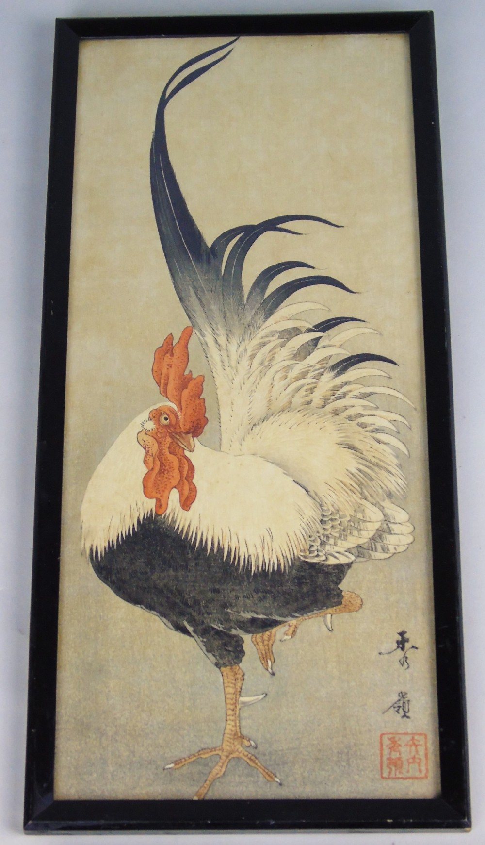 Pair Antique Chinese Signed Woodblock of Cockerel & Cockatoo Nakagawa Shurei View III