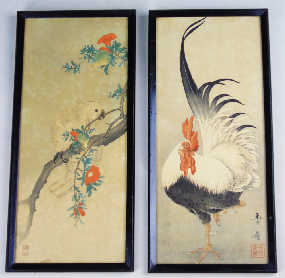 Pair Antique Chinese Signed Woodblock of Cockerel & Cockatoo Nakagawa Shurei View IV