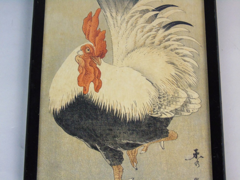 Pair Antique Chinese Signed Woodblock of Cockerel & Cockatoo Nakagawa Shurei View V