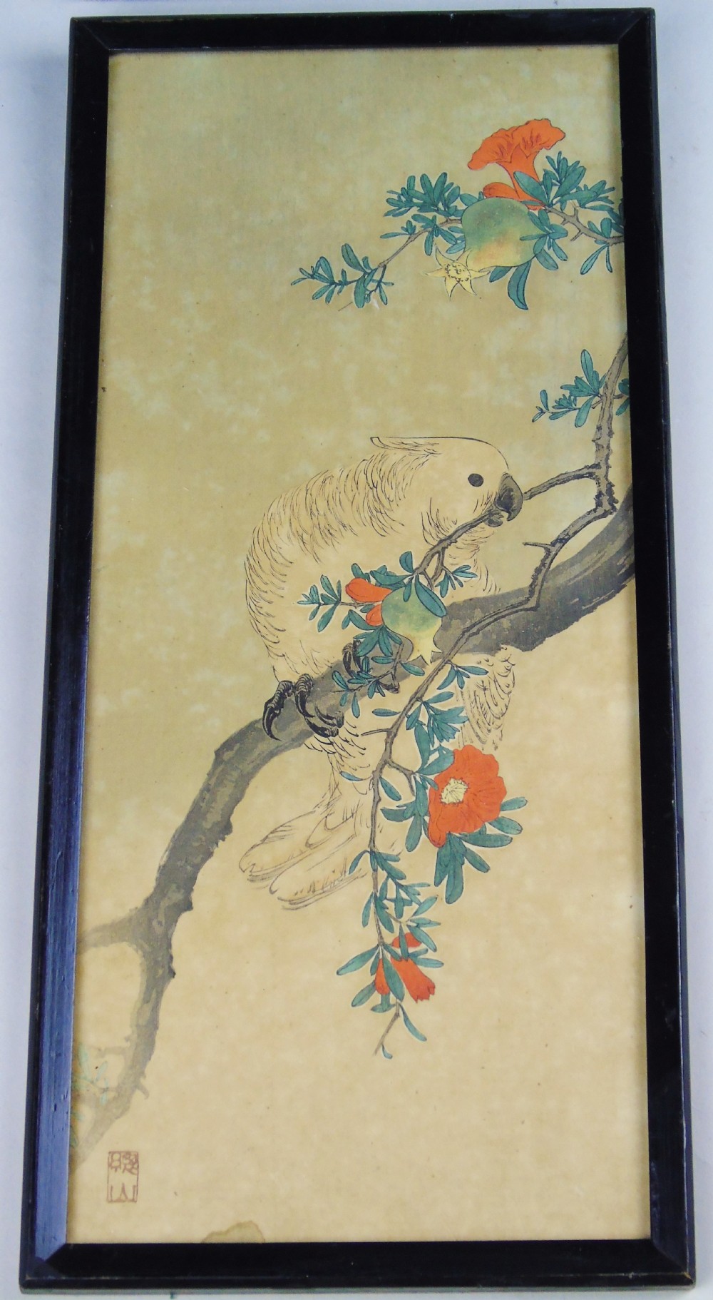 Pair Antique Chinese Signed Woodblock of Cockerel & Cockatoo Nakagawa Shurei View VI