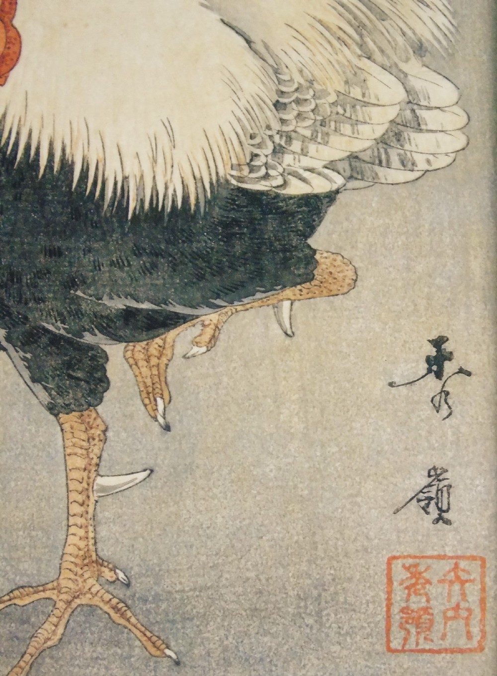Pair Antique Chinese Signed Woodblock of Cockerel & Cockatoo Nakagawa Shurei View VII