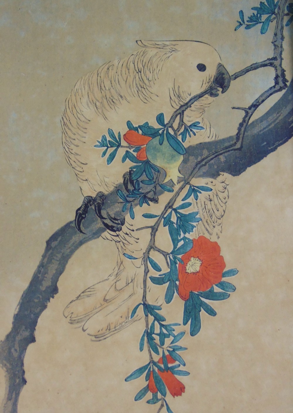 Pair Antique Chinese Signed Woodblock of Cockerel & Cockatoo Nakagawa Shurei View VIII