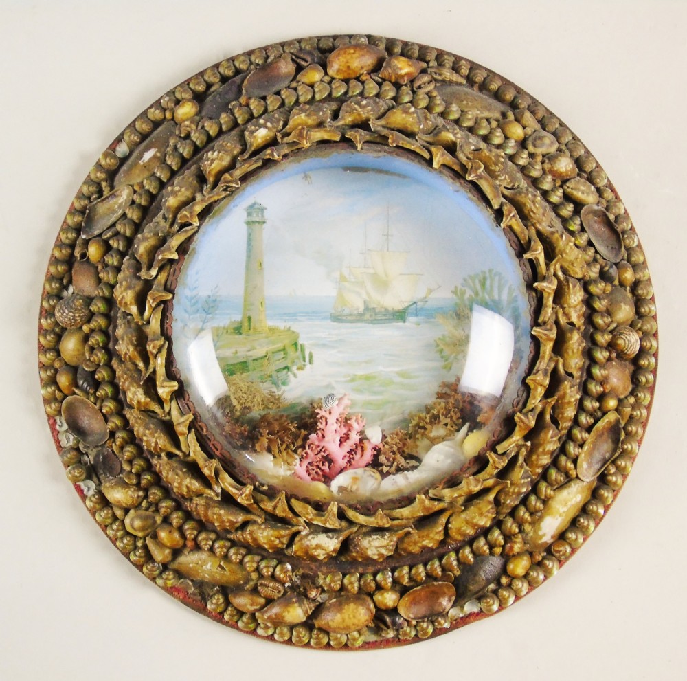 Antique Shellwork Circular Marine Picture Folk Art