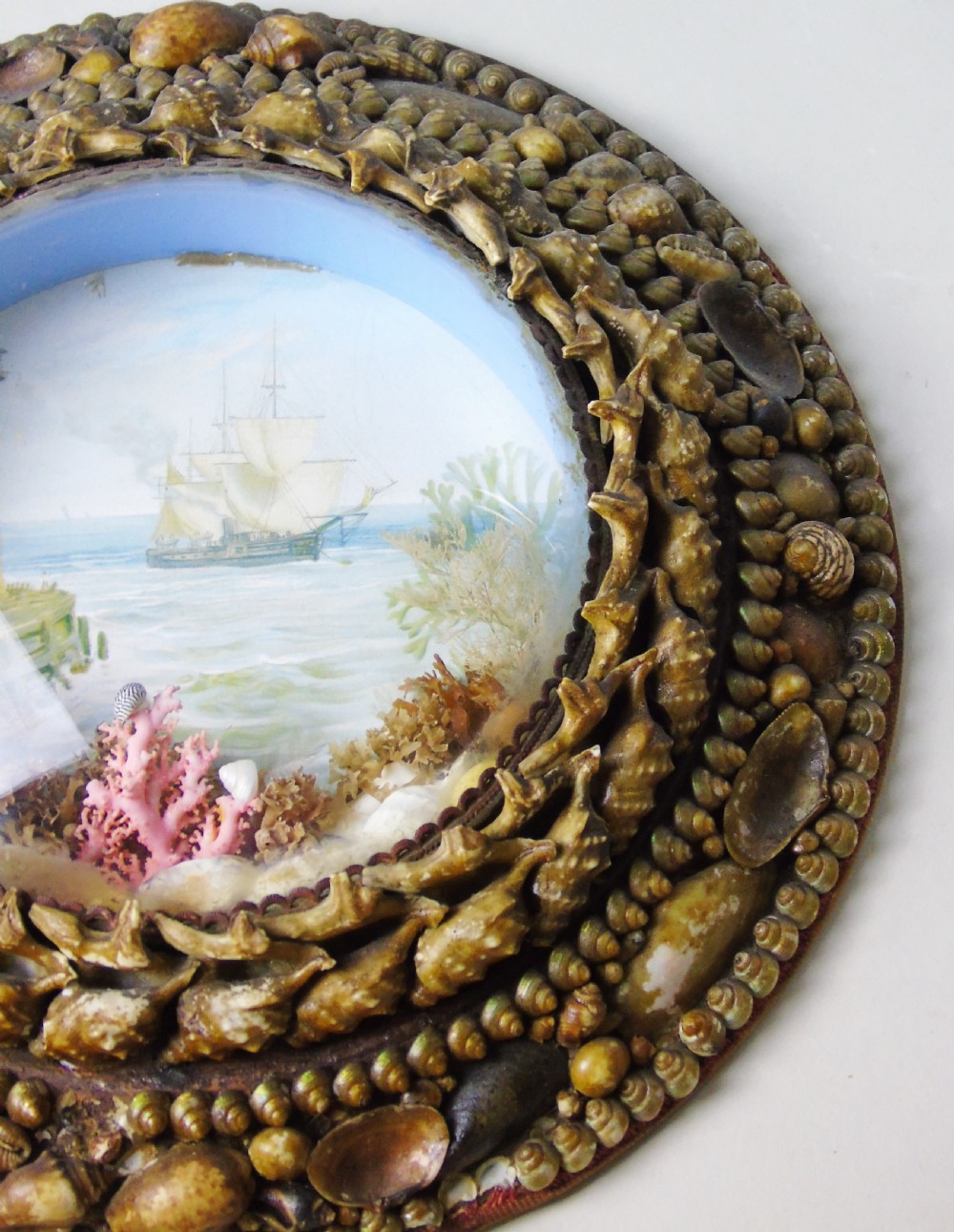 Antique Shellwork Circular Marine Picture Folk Art View II